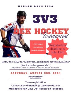 2024 Harlan Days DEK Hockey Tournament Flyer